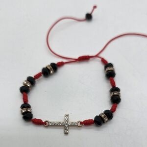 Adjustable Red Cord Black Beaded Macrame Bracelet with Cross Charm